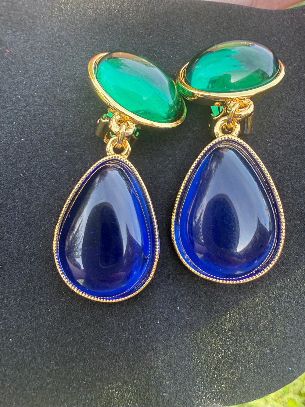 Ben-Amun Gold Drop clip on Earrings with Deep Blue Teardrop and Emerald Accent
